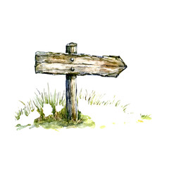 Aged wooden directional signpost in a grassy area.