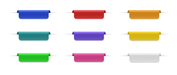 Set of short and wide labels with shadows. Bent bookmarks for marking pages. Multicolored paper sheets with rounded edges