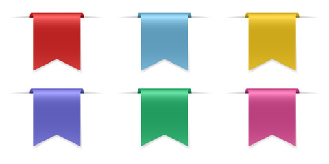 Set of short ribbons or bookmarks. Favorites sign. Flag shape. Multicolored labels