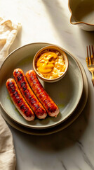 A plate showcases flavorful grilled sausages served alongside tangy sauerkraut, with a small bowl of mustard, highlighting a traditional German meal