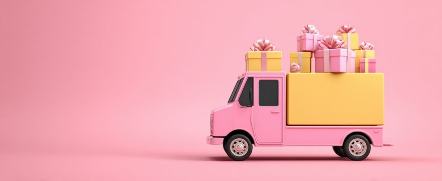 Fototapeta The pink delivery truck carrying gifts for a joyful celebration