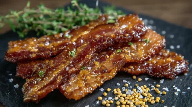 Thick, rustic bacon strips with caramelized edges on dark stone, surrounded by mustard seeds, thyme, and coarse Himalayan salt for visual texture