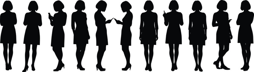 Silhouette of business woman in multiple poses, standing, walking, using phone, thinking, black vector illustration, modern female concept