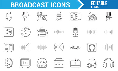 Broadcast Icons Collection: Line Drawings of Microphones, Speakers, and Cameras