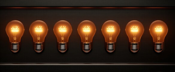 The collection of vintage-style light bulbs glowing against a dark background.