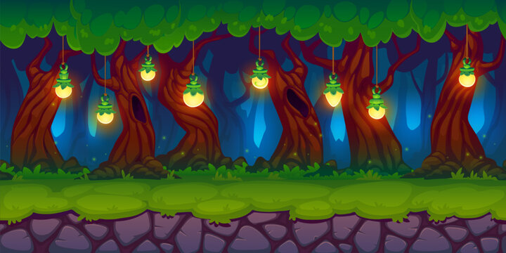 Forest arcade game background, fairytale night landscape with magic lanterns. Cartoon vector whimsical side scroller level location, illuminated by glowing lights hanging from mystical enchanted trees