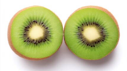 Fototapeta premium Fresh kiwi fruit halves showcased on white background, featuring rough brown fuzzy skin, vibrant green flesh, pale center, and scattered black seeds in circular pattern.
