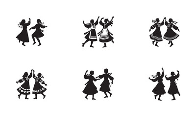 Traditional Folk Dance Silhouette of Two Girls – Joyful Cultural Vector Illustration