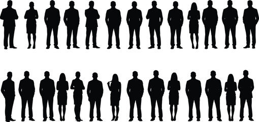 Silhouette business people team, standing pose, male and female figures, office professionals group, teamwork concept, corporate vector illustration design