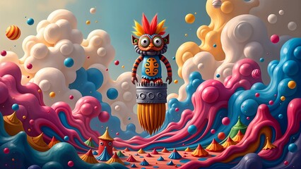A photograph depicting a whimsical creature resembling a hybrid of a traditional folk mask and a tribal totem, standing atop a giant paintbrush. Surrounding it are swirling clouds of vibrant pigments,