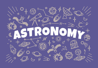 Astronomy symbols and icons on school board, vector education. Space planets, Moon and Sun star, telescope and orbit satellite sketch chalk signs, universe galaxy solar system © Buch&Bee