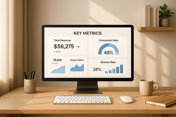 Beige Desk Modern Computer Screen Displays Key Metrics Dashboard Total Revenue Conversion Bounce Rate Unique