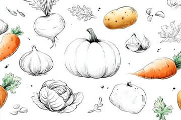Colorful vegetables and fruits in artistic sketches showcasing agricultural bounty and freshness