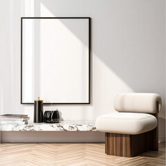 Modern minimalist interior with blank frame mockup and chair