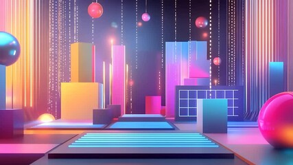 Vibrant abstract scene with geometric shapes and glowing elements in a futuristic digital landscape - Powered by Adobe