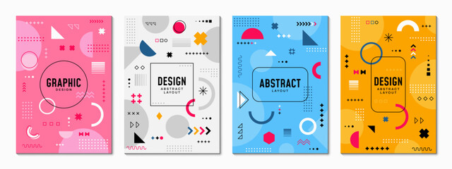 Memphis posters with abstract geometric shapes. Vector backgrounds, vertical covers, layouts or card templates with bright colors and playful hipster patterns, evoke creativity and modernism 80s vibe