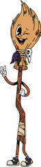 Cartoon groovy fun and quirky broom Halloween character with a playful expression, wearing vintage hippie sneakers and making a peace sign. Isolated vector witch broomstick retro y2k fantasy personage
