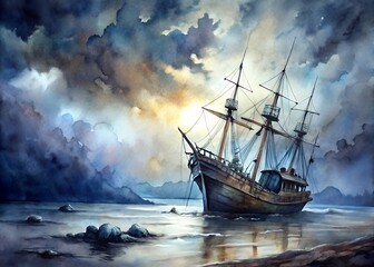 Obraz premium Abandoned Ship on Ghost Sea Watercolor