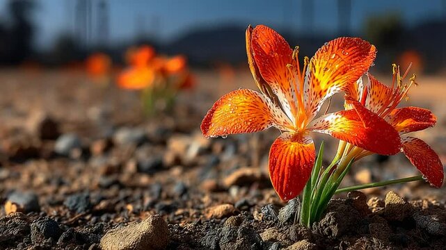 Vibrant Sparaxis Flowers Blooming in a Field of Pebbles Close up shot in Nature