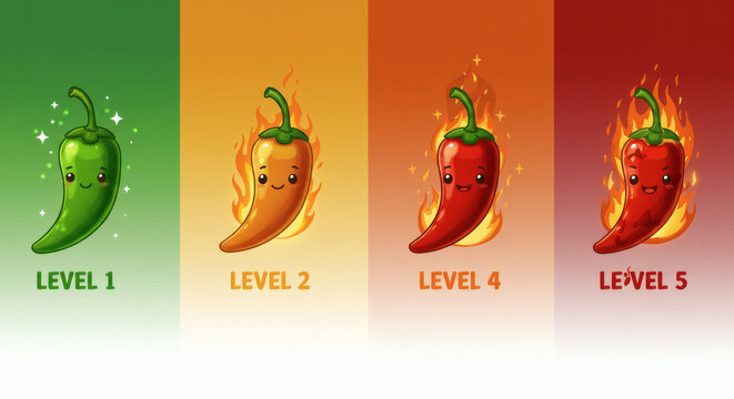 Spicy Chilies A Cute Illustration of Heat Levels 1-5
