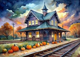 Abandoned Train Station at Halloween Watercolor
