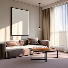 Modern living room interior with blank canvas mockup and sunlight