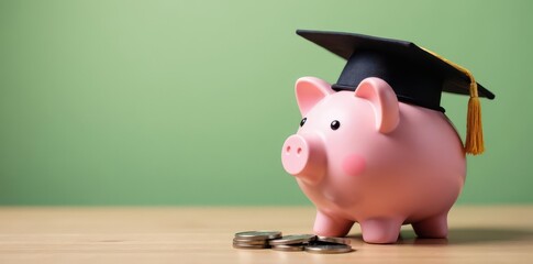Piggy bank wearing graduation cap, coins inside, money, school, fees