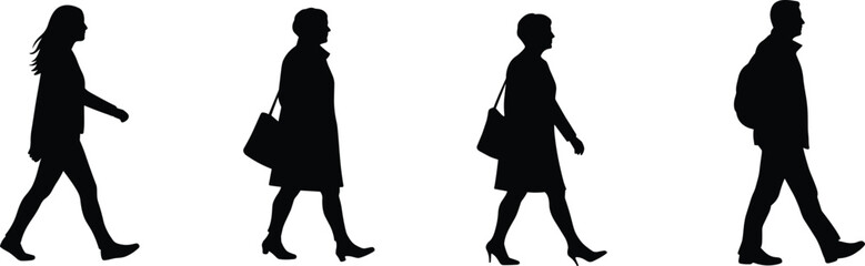 Silhouette of people walking, side view, man and woman, casual and formal wear, black vector illustration