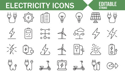 Set of Power and Energy Icons: Featuring Solar Panels, Wind, and Electric Charging