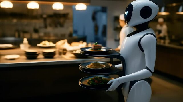 Robot Chef Serving Dishes in Modern Restaurant Kitchen Environment