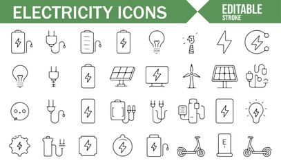 Collection of Renewable Energy Icons: Wind, Solar, Electric Vehicles, and Batteries