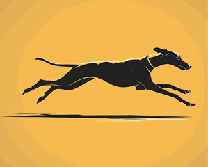 A sleek black greyhound running swiftly against a vibrant yellow background.