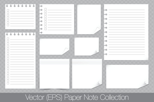 Realistic white clean paper notes with curled and folded edges, white notes with empty fields, white sticky notes isolated on transparent background