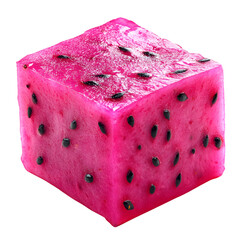 Close-up view of a cubic piece of dragon fruit isolated on transparent background, cut out, PNG 3D Digital Art, clip art.
