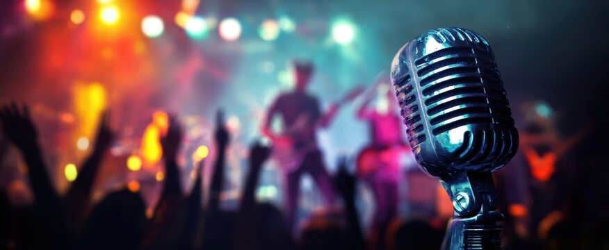 The vintage microphone captures the energy of a live rock concert performance.