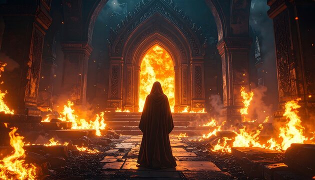 Burning Cathedral with hooded figure.