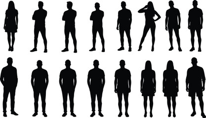 Silhouette of standing men and women, full body poses, group people clipart, casual human figures, vector illustration, black shadow style