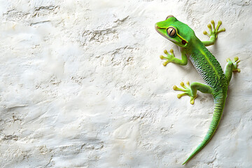 Green Gecko Climbing White Wall Close-Up