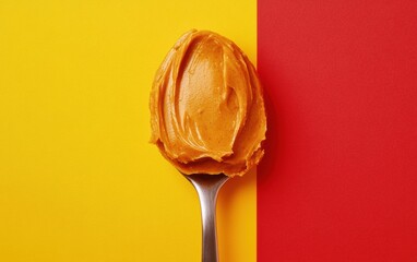 Top view of scoop of peanut butter on split yellow red background.