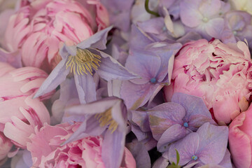 Lush Spring Flower Bouquet, Pink Peonies, Purple Hydrangeas