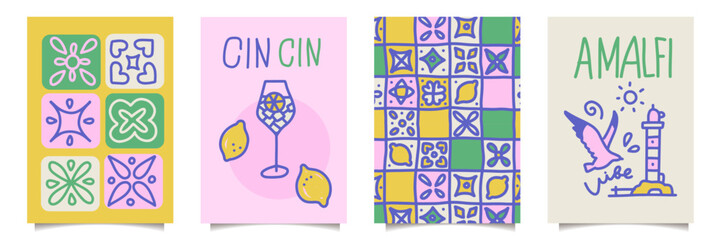 Summer naive posters set with lemon. Italian vintage doodle poster. Summer vibe from Italy. Beach sea ornate background. Italian Amalfi beach hand drawn postcard bg. Hand drawn childish design