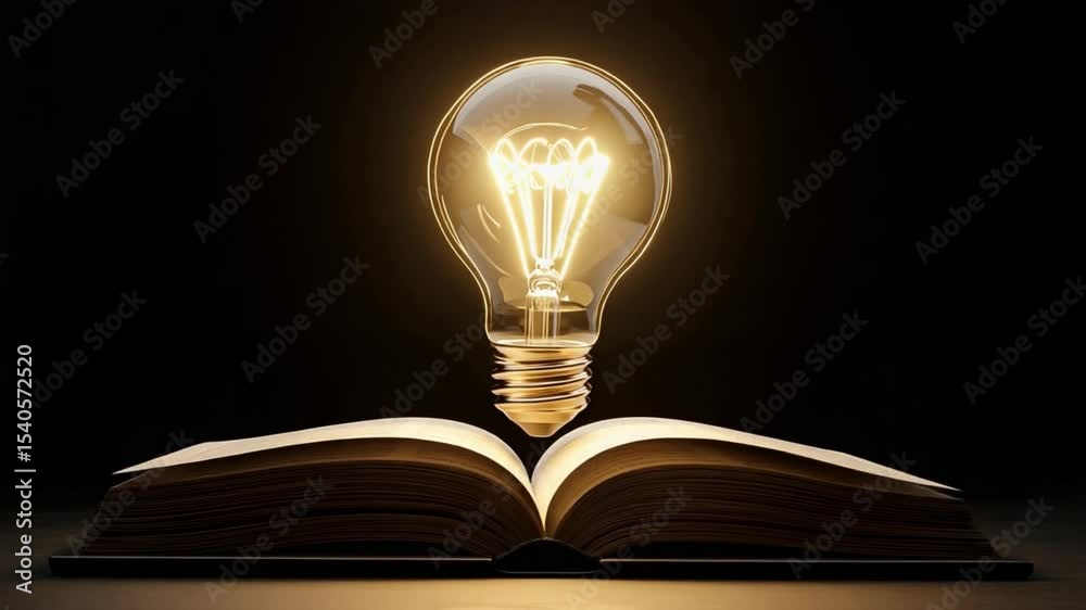 Poster illuminating ideas: a glowing light bulb, a symbol of inspiration and knowledge, hovers above an ope