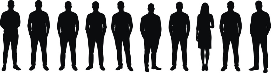 Silhouette of standing people, group of men and women, black human figure vector, casual pose collection, isolated person illustration