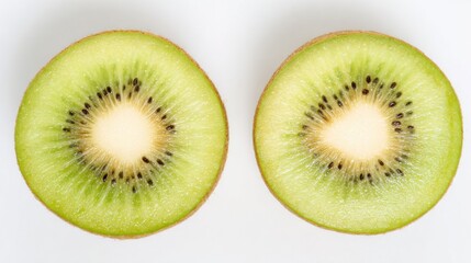 Fototapeta premium Fresh kiwi fruit slices on white background showcasing vibrant green flesh, tiny black seeds, pale center, and fuzzy brown skin, highlighting natural texture and juiciness.