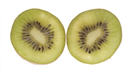 Fototapeta premium Two symmetrical semi-circular kiwi fruit slices on white background with vibrant green flesh, tiny black seeds, pale center, light brown peel, and moist fuzzy texture.