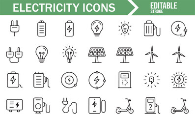 Minimalist Line Icons of Energy Sources: Battery, Wind Turbine, and Solar Power
