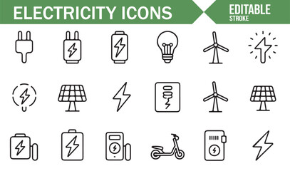 Minimalist Electricity Icons Set Featuring Energy Sources Like Solar, Wind, and Batteries