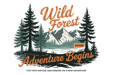 A  vintage-style outdoor adventure logo design with a white background. The central focus is a mountain landscape with tall evergreen trees in dark green silhouettes. Five tall pine trees frame the sc