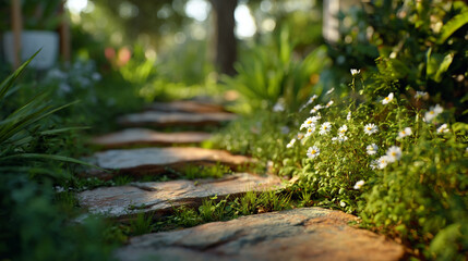 Stone pathway through a lush garden with daisies and greenery in soft focus and warm lighting