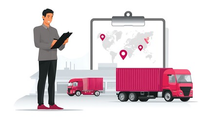 Logistics Manager Inspecting Transportation Routes with Trucks and World Map Background in Flat Design